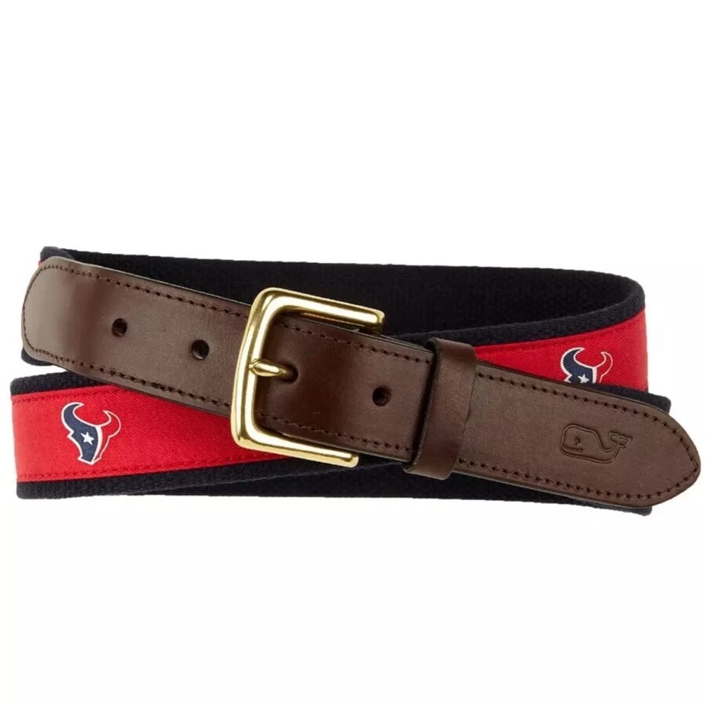 Vineyard Vines Houston Texans NFL Sports Belt Sz 42 Red Blue; Brown Leather